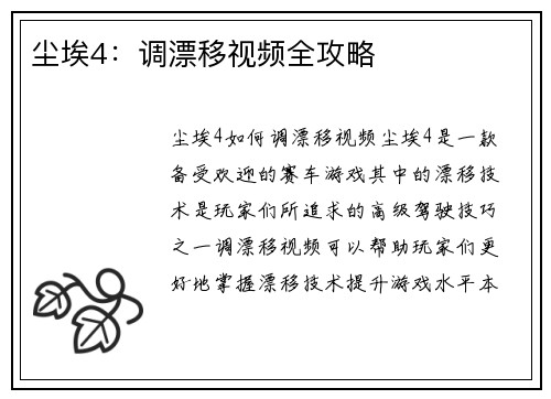 尘埃4：调漂移视频全攻略